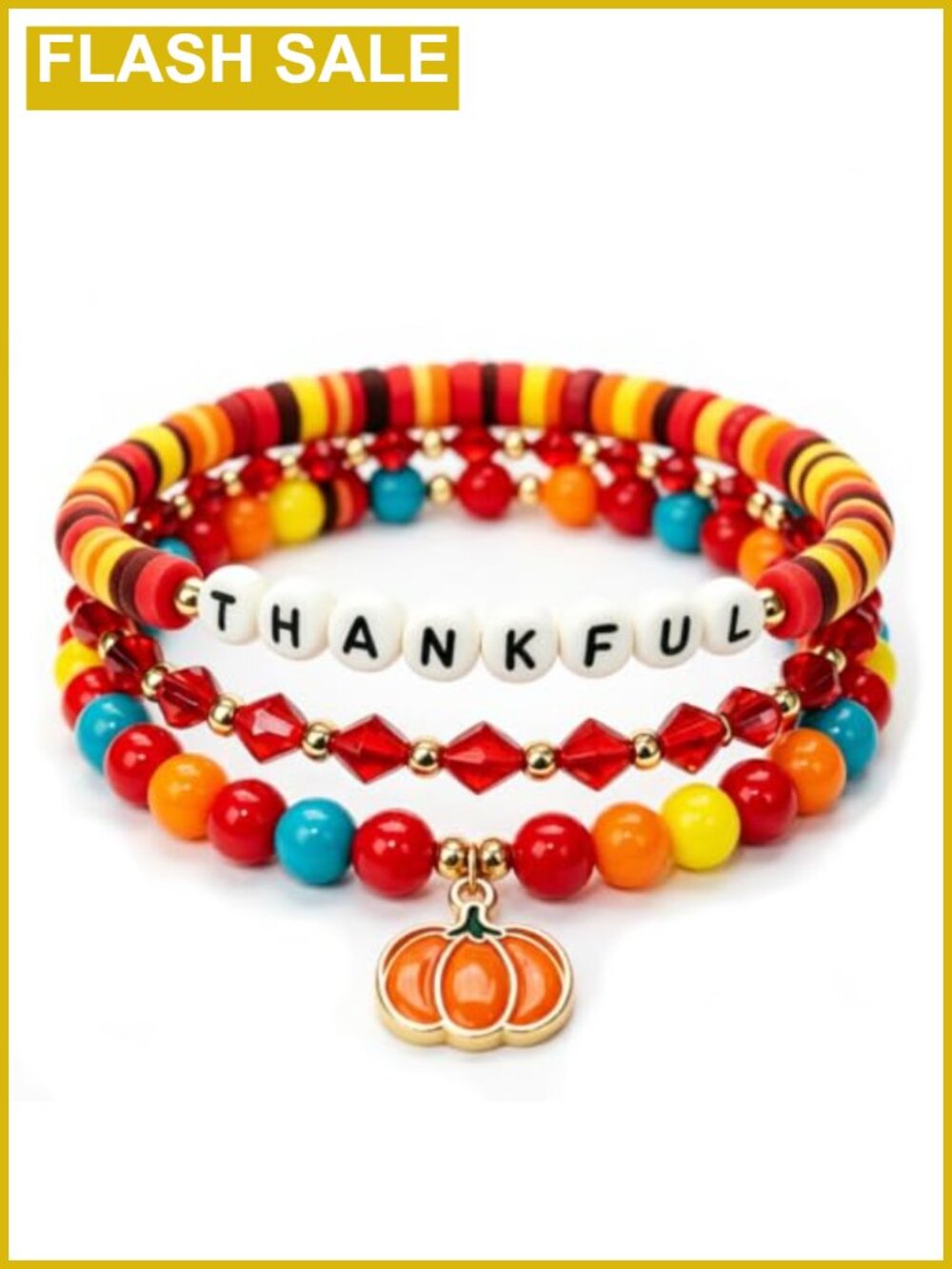 Thankful Beaded Charm Bracelet Set Gold Tone Stackable Thanksgiving
